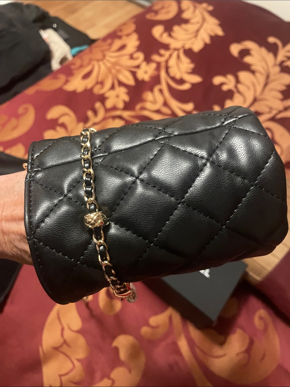 GWP Black Quilted Lambskin Mini Bucket with Gold Chain and Pearl Strap - Picture 12 of 17